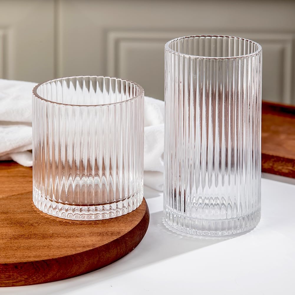 Set of 8 Clear Ribbed Glass Tumblers