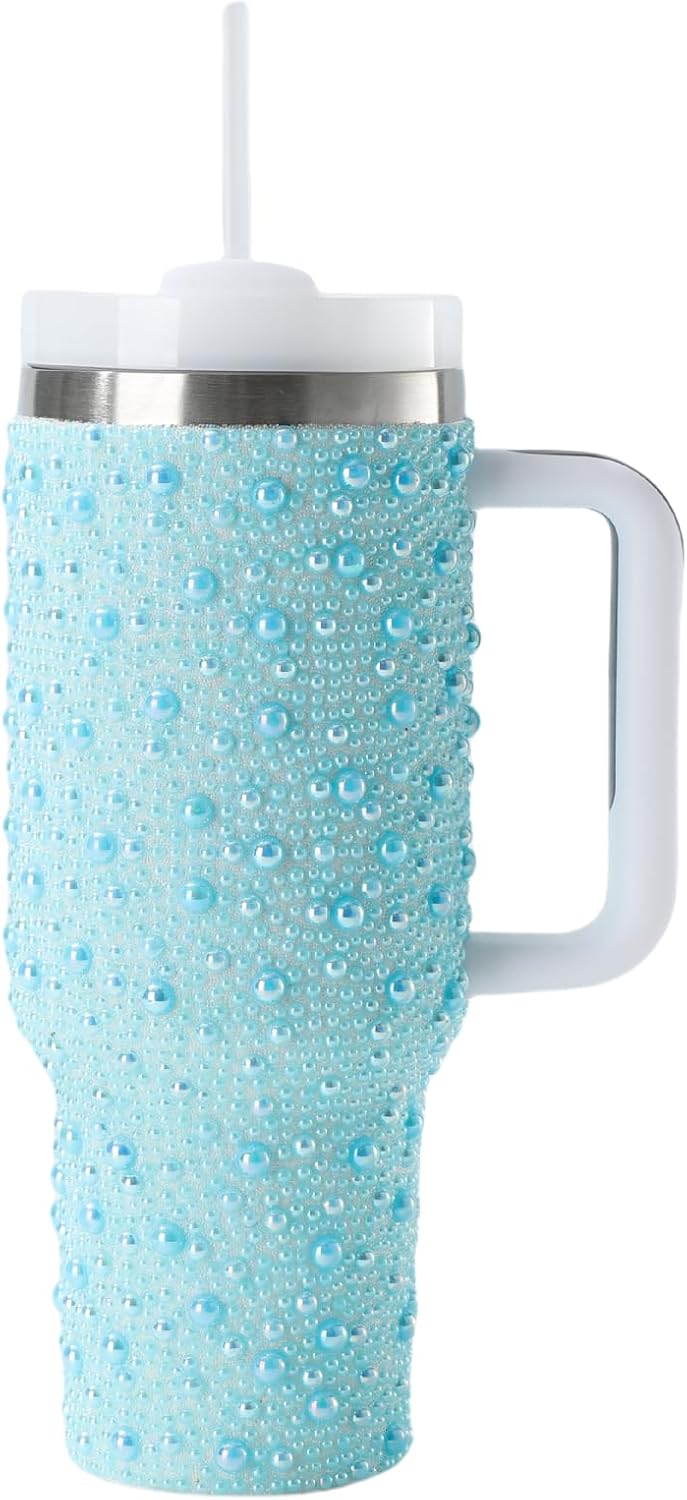 Insulated tumbler embellished with pearls and rhinestones