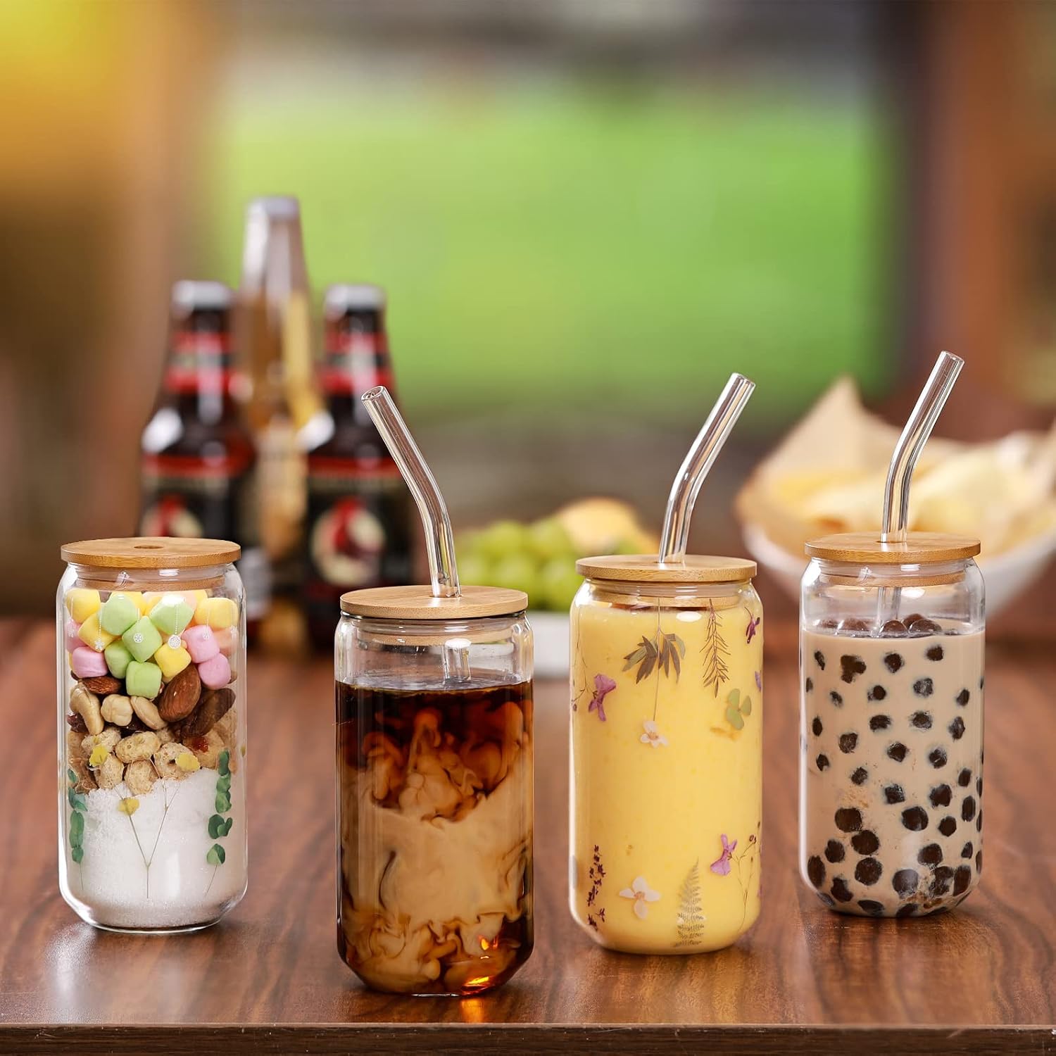 4-Piece Glassware Set with Bamboo Lids