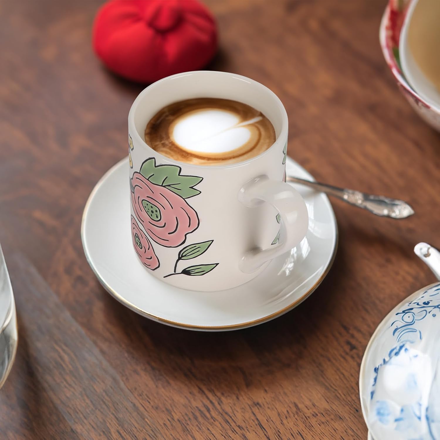 Set of 4 Botanical-Pattern Porcelain Mugs
