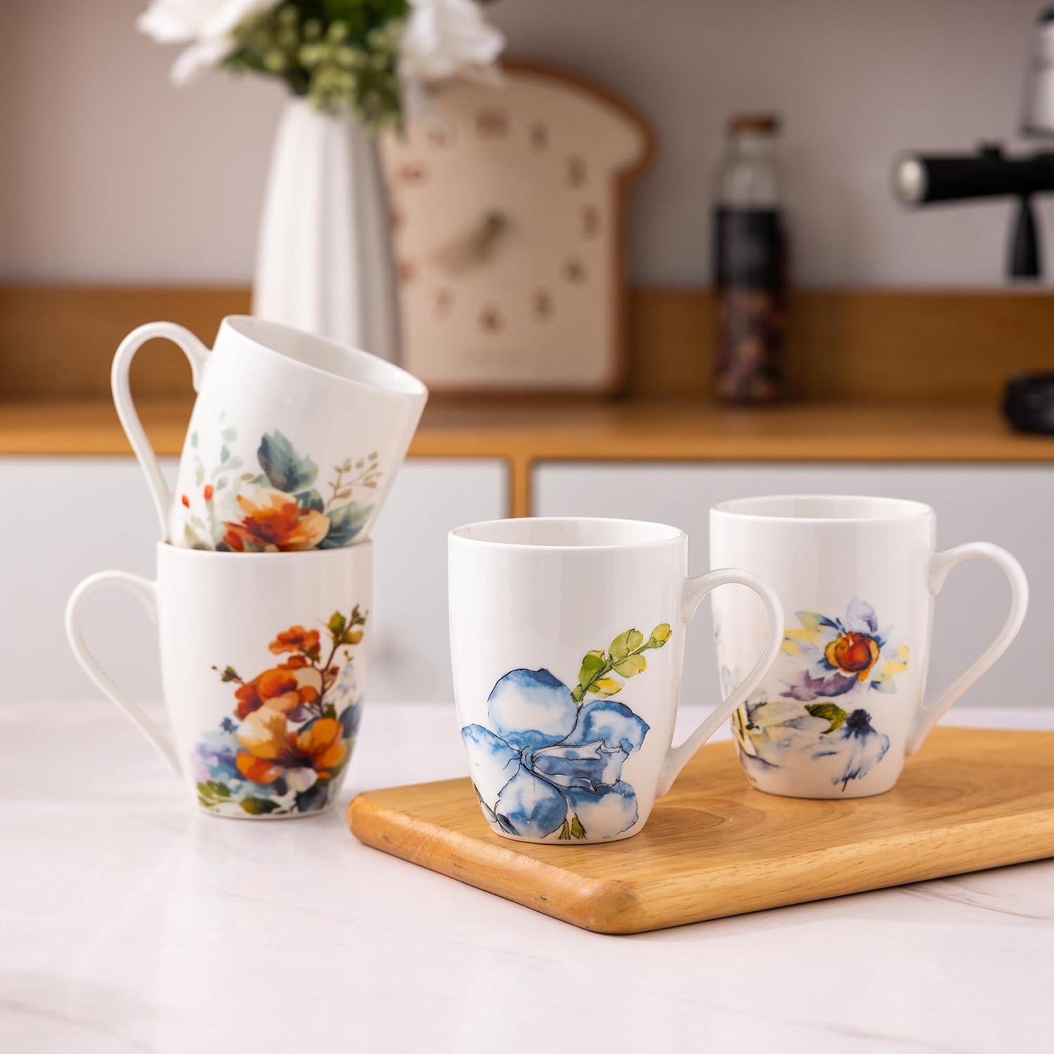 Set of 4 Floral Decal Ceramic Mugs